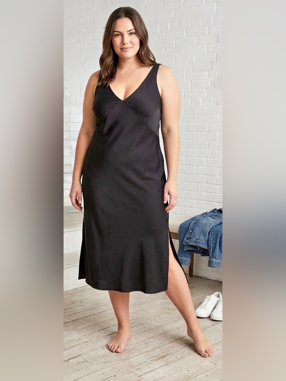 a new day Women's Midi Slip Dress Black Midi Slip Dress Size Large